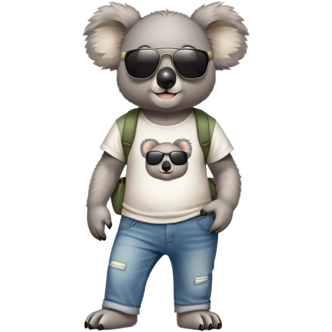 anthropomorphised koala in a band t-shirt and jeans with dark sunglasses walking upright relaxed pose emoji