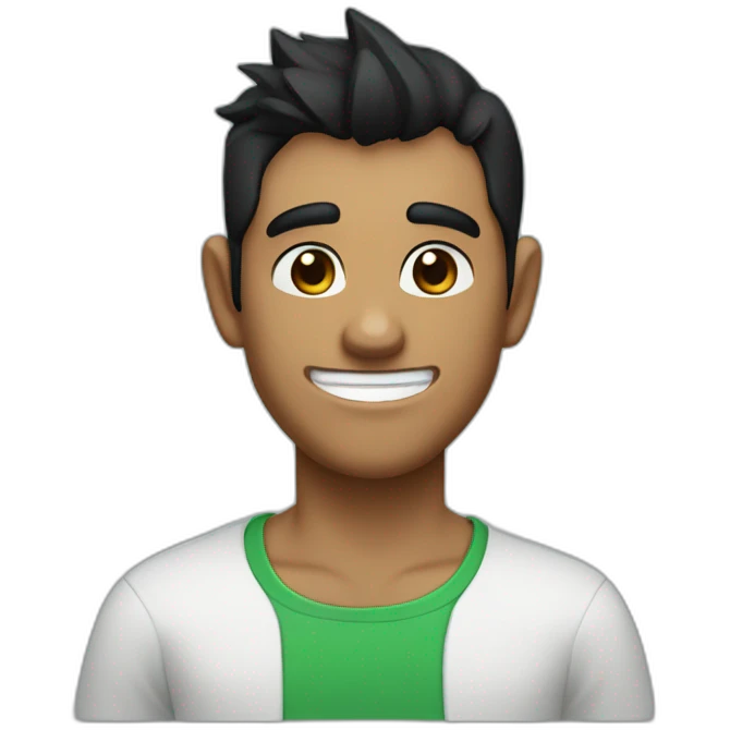 An imp with black hair and brown eyes and a smile in a green shirt with a white T-shirt and with dark brown horns on his head that turn blue at the ends emoji
