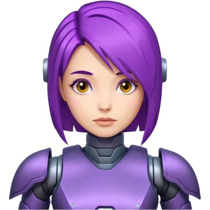A woman with purple hair and a robot armor emoji