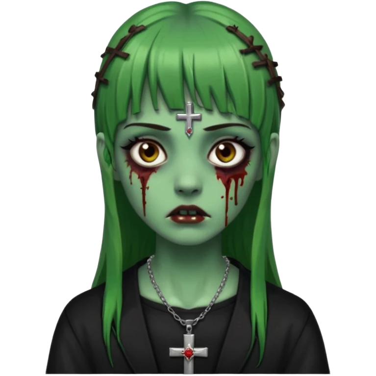 Zumbi verde com olhos castanhos aspecto de que tá sangrando, uma franja reta um piercing do lado esquerdo do nariz, roupa preta e crucifixo como colar, e também delineador emoji