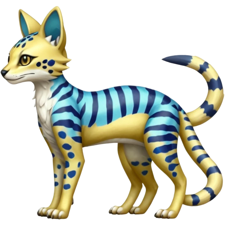 Colorful Golden Gold Shiny Lombax-Sergal-Vernid-Trico-Serval-Civet-Genet-Pokémon-Digimon-Fakémon-fusion-hybrid-creature with Cyan stripes and blue leopard-spot-markings  emoji