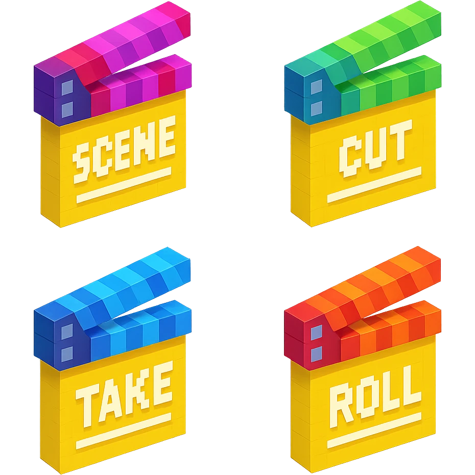 isometric view collection of movie clapperboards in voxel style, each with different colorful lids and unique text emoji
