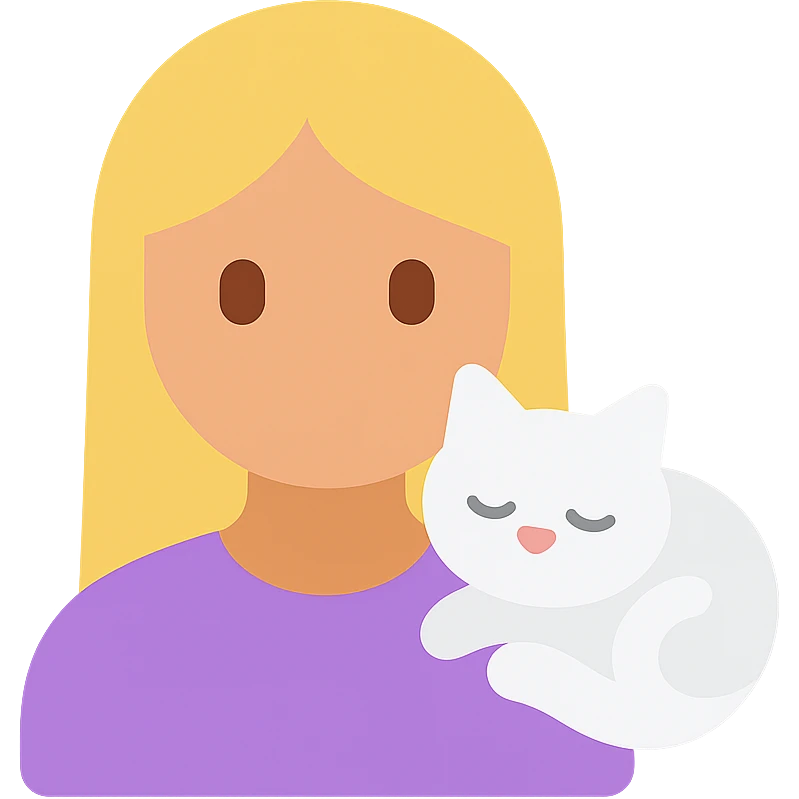 a girl with long blonde hair, a white fluffy cat lying on her left shoulder and neck, flat color icon style for Discord and Slack emoji