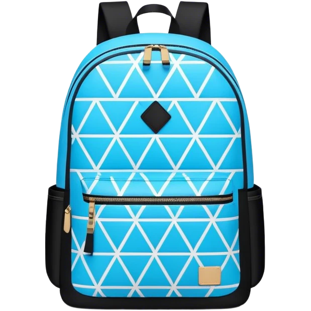 A stylish cute school backpack, medium-sized, with a modern design in bright blue and black. It features a geometric pattern of subtle triangles across the front pocket, giving it a sleek yet dynamic look, front view emoji