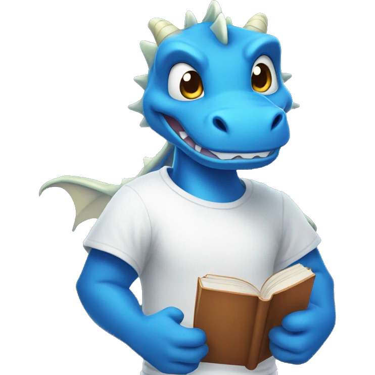 A blue dragon in a white T-shirt with a smile, holding books in his hands emoji