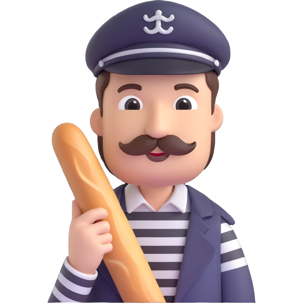 Frenchman with moustache, beret, holding baguette, black and white striped shirt, 3D emoji style. emoji