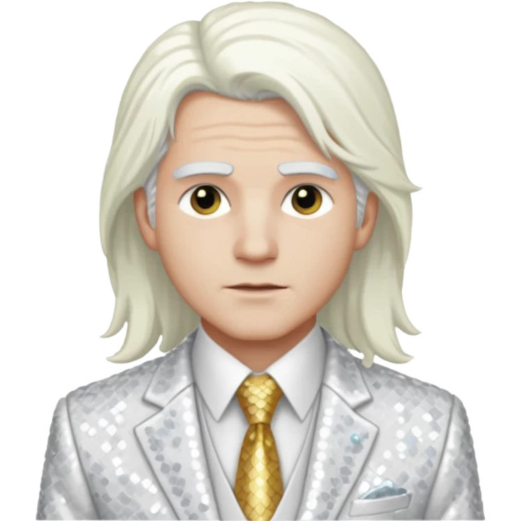 Jehovah from Christian Mythology with long white hair, white sequin suit jacket and tie, white shirt emoji