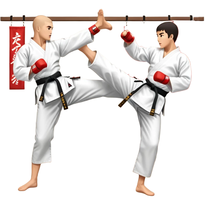 Two karate fighters in traditional gi sparring. One executes a high kick aimed at the opponent’s head, while the other blocks with a strong hand defense. The background features a classic dojo with wooden flooring and banners. Dynamic motion and focused expressions. Transparent background. emoji