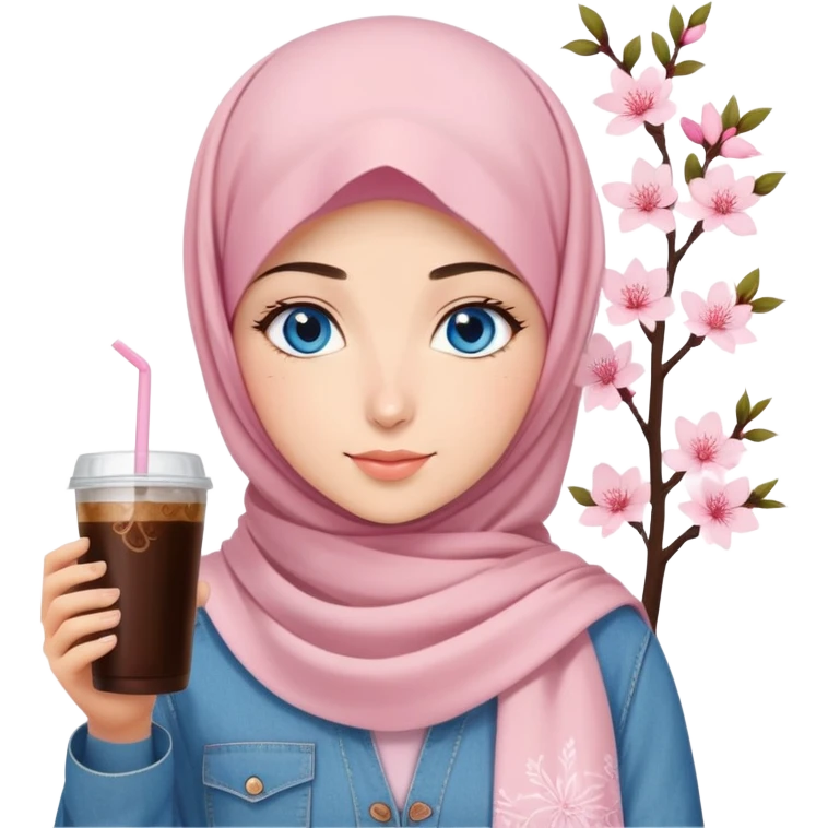 Turkish beautiful finish Konya girl blue eyes with light pink denim hijab islamic dress and had on her hand sakura blossoms in cold brew coffee   emoji