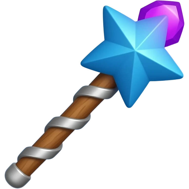 3d fantasy wand emoji, wooden staff, metallic accents, blue star head with glowing purple gem, soft magical glow, simple stylized 3D, centered on blue gradient background emoji