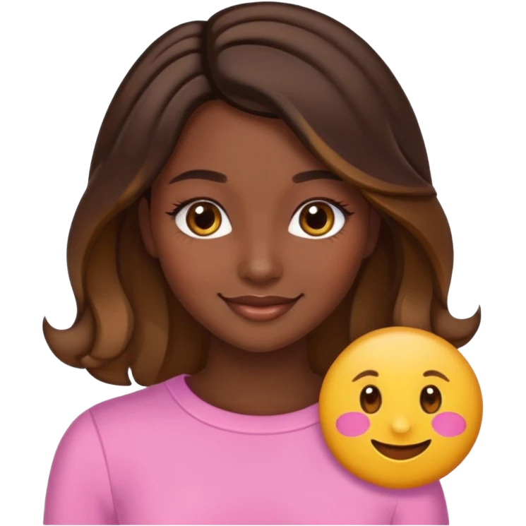portrait of a young woman, dark skin, straight brunette hair with caramel balayage, brown eyes, curled lashes, blush, emoji style emoji