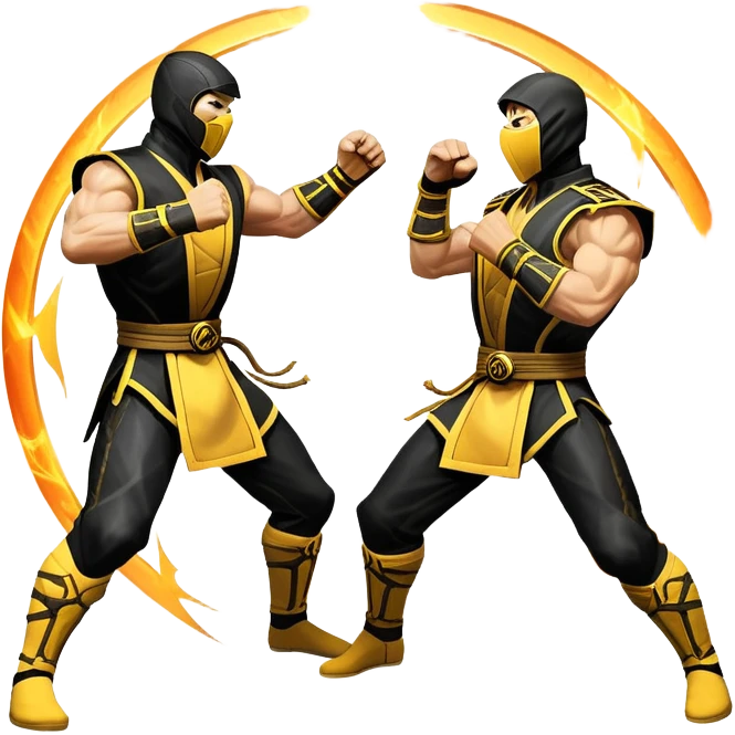 An icon showing two fighters in dynamic combat poses, inspired by Mortal Kombat. One character delivers a powerful kick, while the other blocks or counters. The background features a dark arena with glowing effects, symbolizing intense battles. Transparent background. emoji