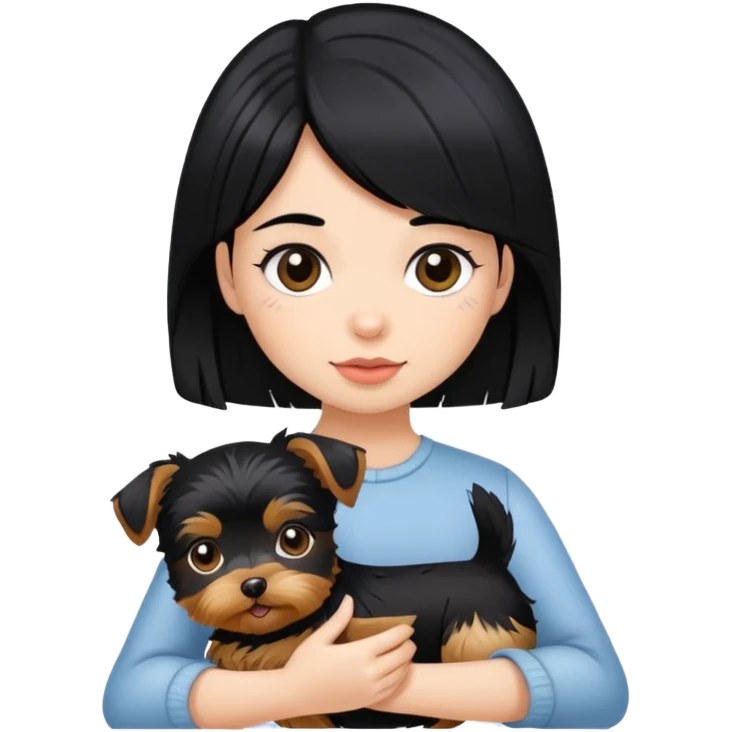 A girl with black hair is holding a yorkie emoji