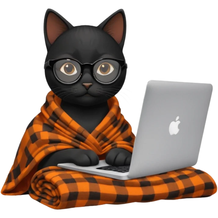 A black female cat working on a MacBook, with long, black straight lashes, round glasses and she wears a blanket with an orange pattern emoji