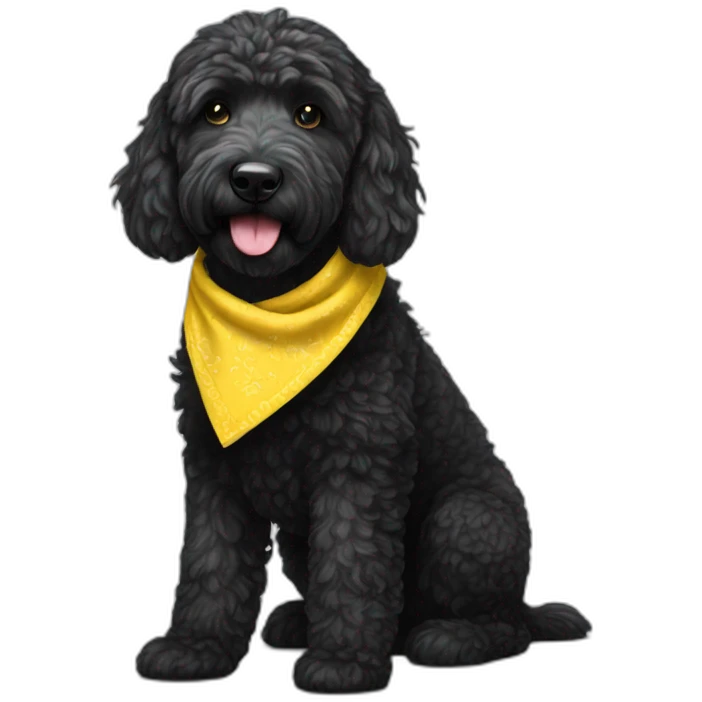 Black golden doodle wearing a yellow bandana emoji