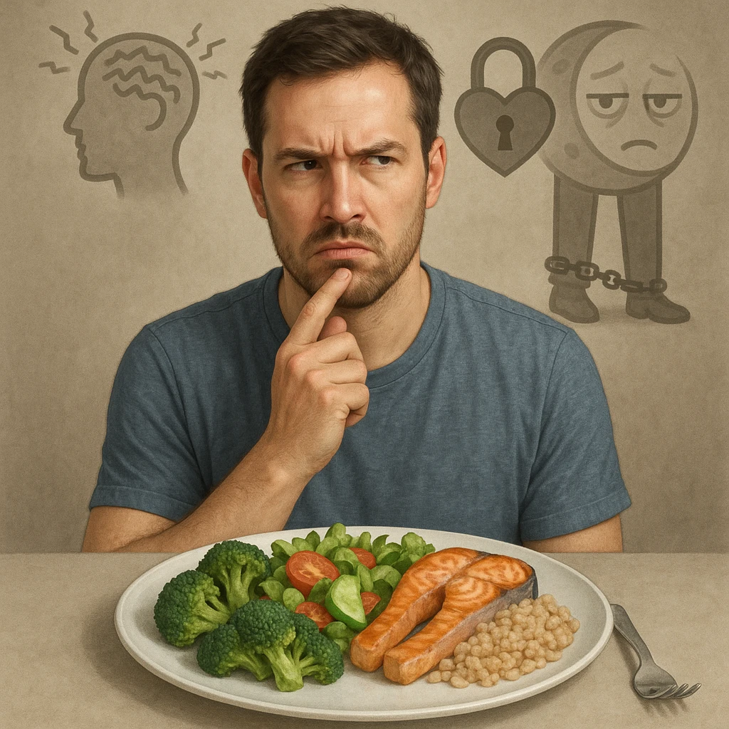 Realistic style illustration of a thoughtful 30-year-old man in front of a healthy plate, with a distrustful expression. Behind him, blurred symbolic elements: a stylized head with vibrating lines representing stress, a locked heart representing emotions, a moon with tired eyes representing insomnia, and still legs with chains representing sedentariness. Realistic style with conceptual touch. emoji