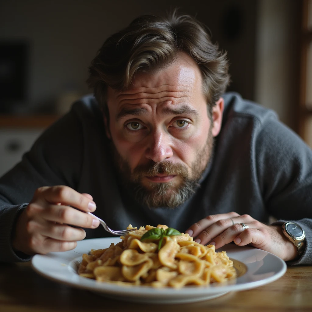 a sad man about 20 years old eating a plate of pasta, sad expression, hyperrealism 4K, variation 4 emoji