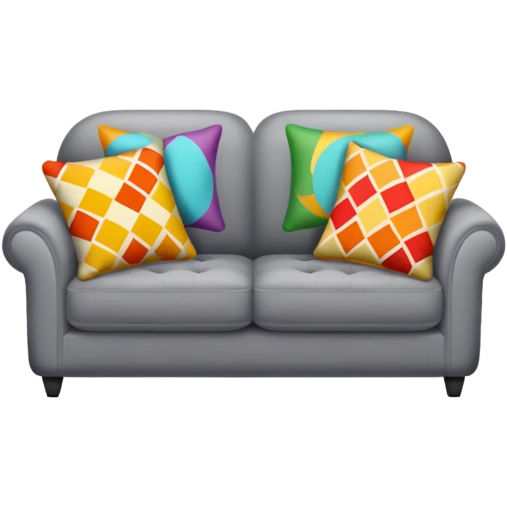 A grey couch with 2 colorful pillows on it  emoji