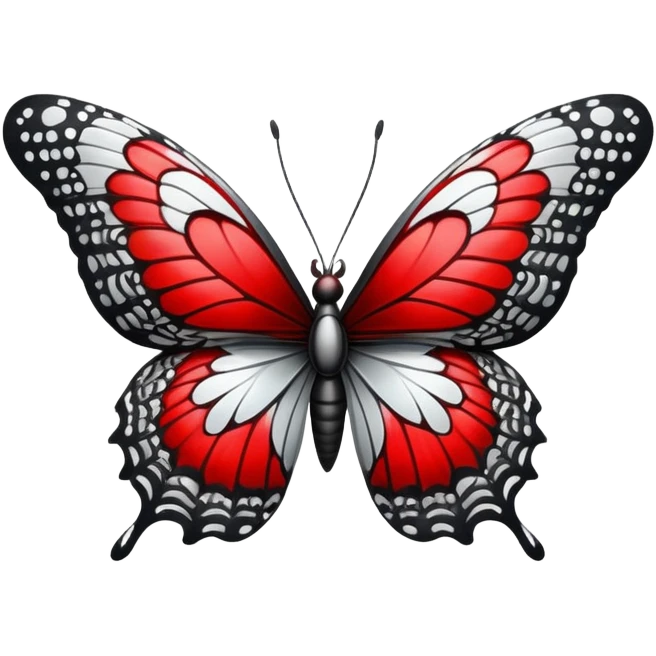 butterfly black and silver with intricate red and white patterns  emoji