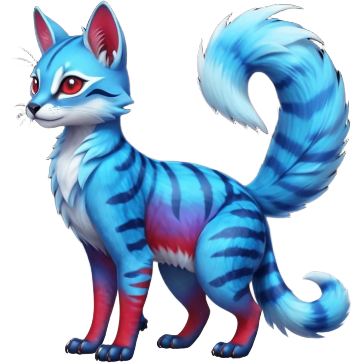 Cute kawaii cool edgy badass  vibrant cyan-cobalt-blue-to-crimson-red gradient-colored iridescent glossy fur  fantasy-caracal-civet-genet-sergal-vernid-Gryphon-Cacomistle-Trico-oncilla-animal-Fakémon-hybrid-fursona (full body), facial markings, (realism style) emoji