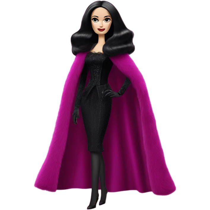 Fucshia ‘n Fur Barbie, Morticia Addams, cape,veil,funeralwear,show full body,accessories coat gloves  emoji
