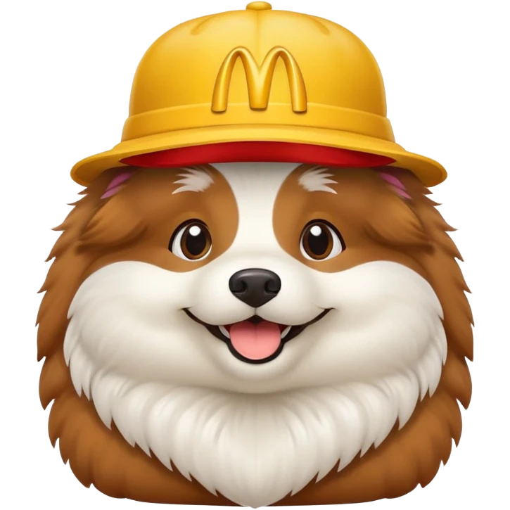 A fluffy demedog with a Mac Donald’s hat emoji