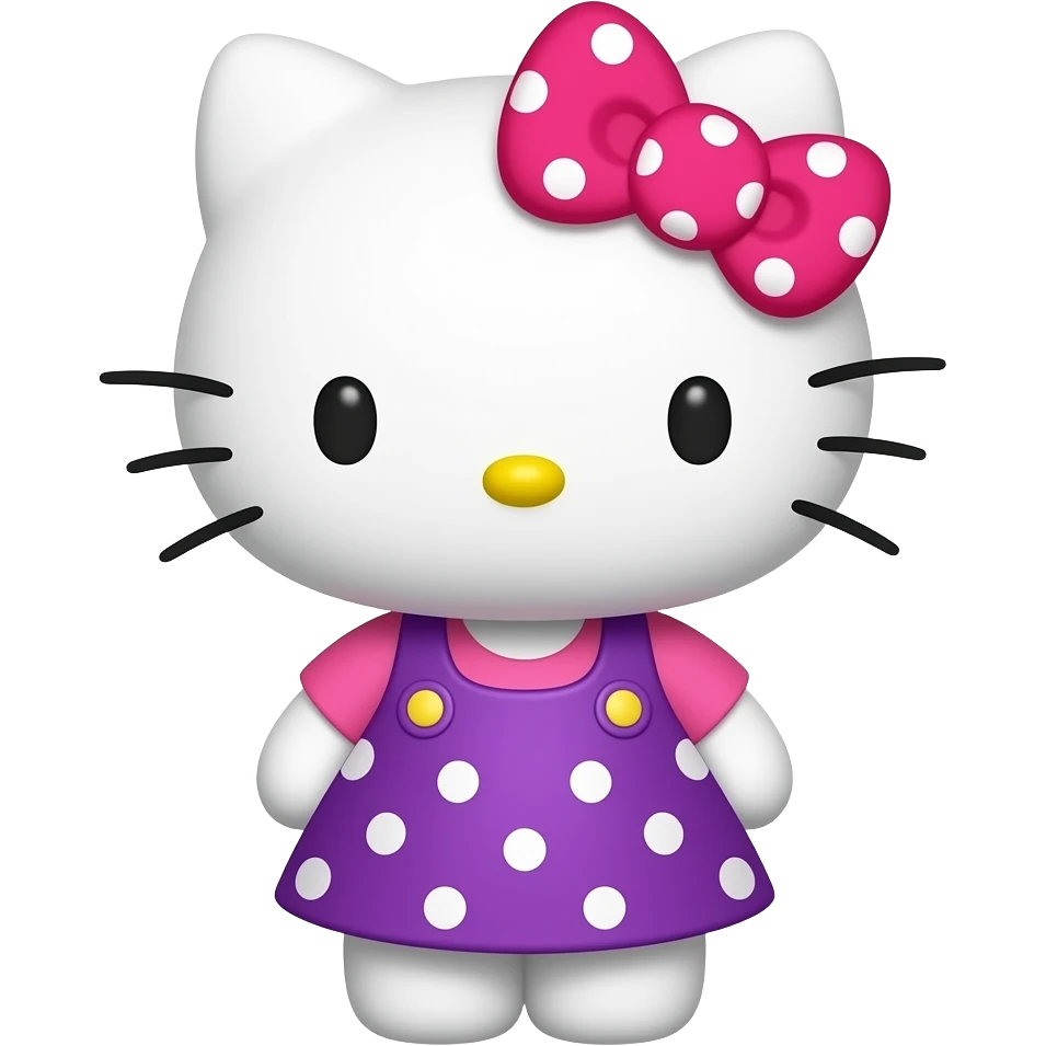 hello kitty wearing purple with white polka dots skirt and a hot pink shirt with a hot pink with white polka dots bow emoji