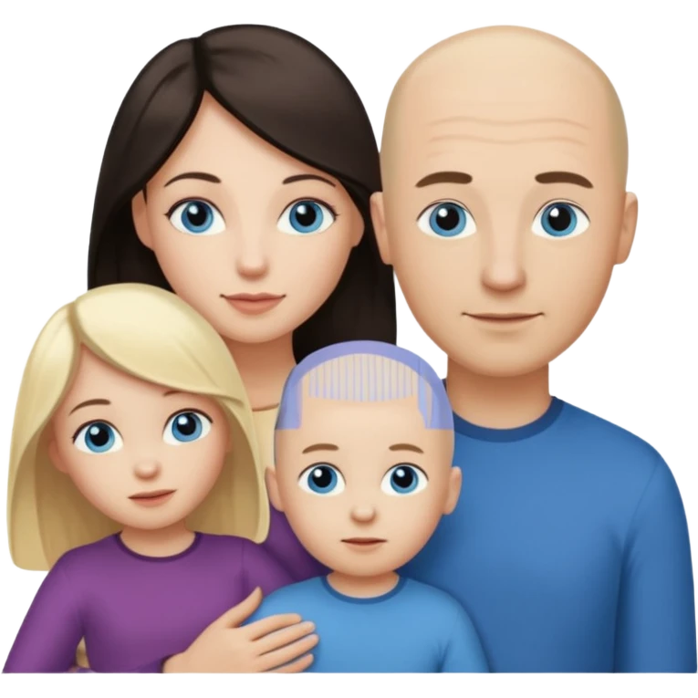Eigene Familienbild, Frau dunkle lange Haare,  Mann Glatze und blaue Augen, kind 2 Jahre und blond und dunkle Augen  emoji