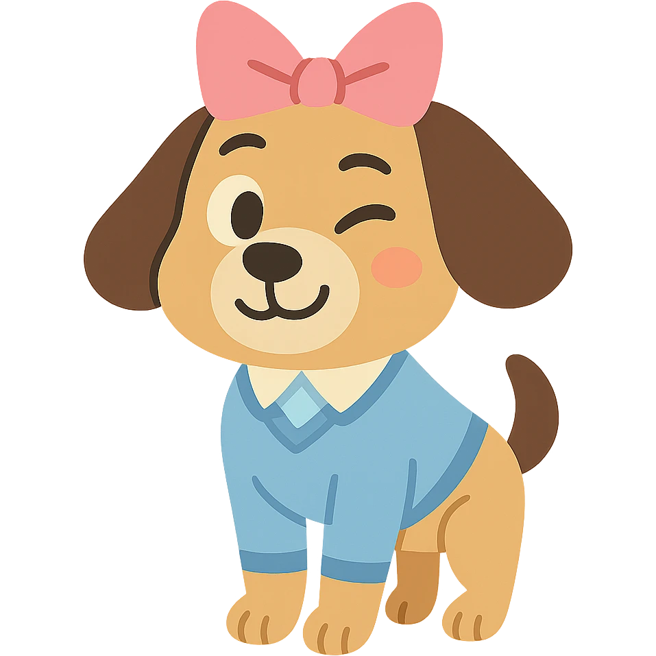 preppy dog with a pink head piece bow, winking, pastel toon style emoji