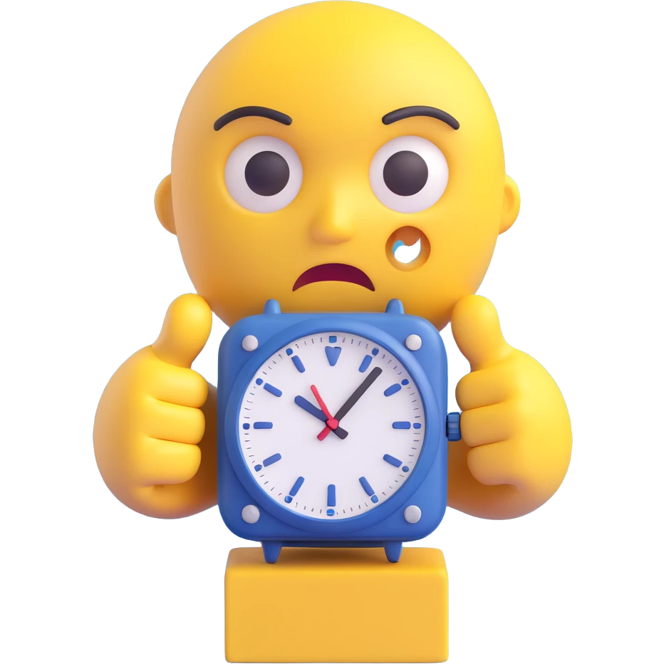 A yellow emoji face with a worried expression, looking at a wristwatch with raised eyebrows, showing urgency and stress emoji