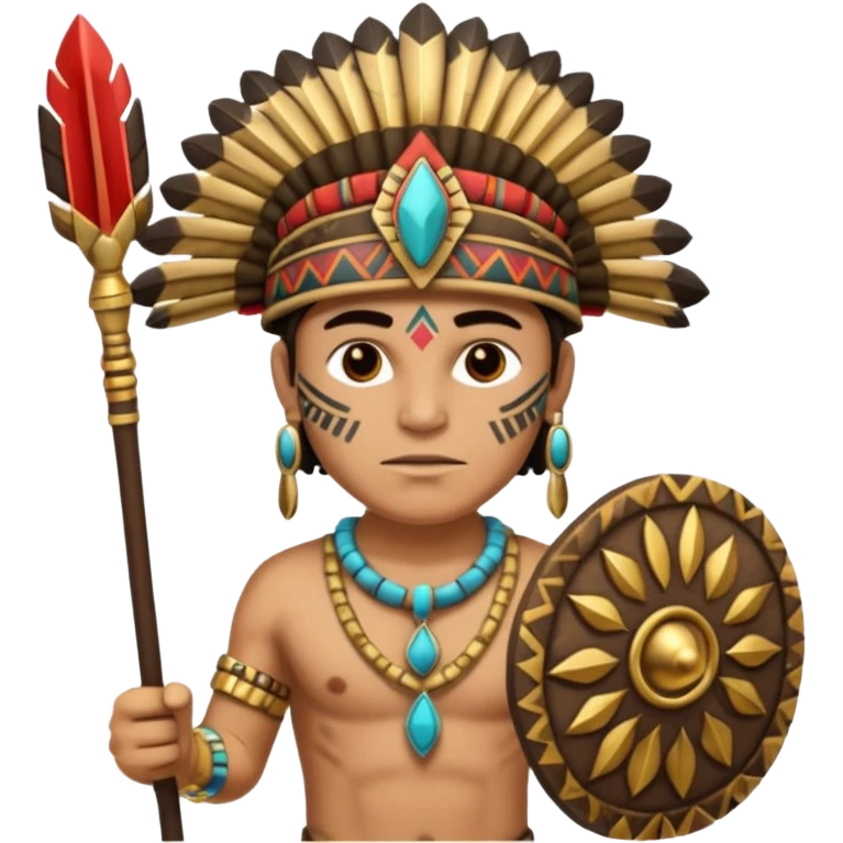 Hombre con un cuerpo de azteca con gorro azteca y lanza y collares  emoji