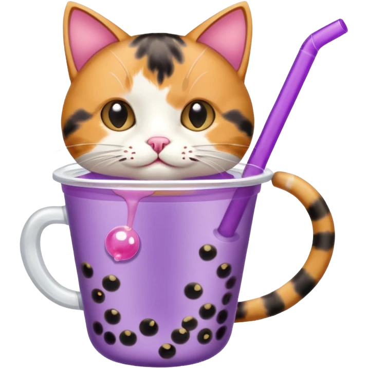 a cat drinking from a mini purple bubble tea cup emoji