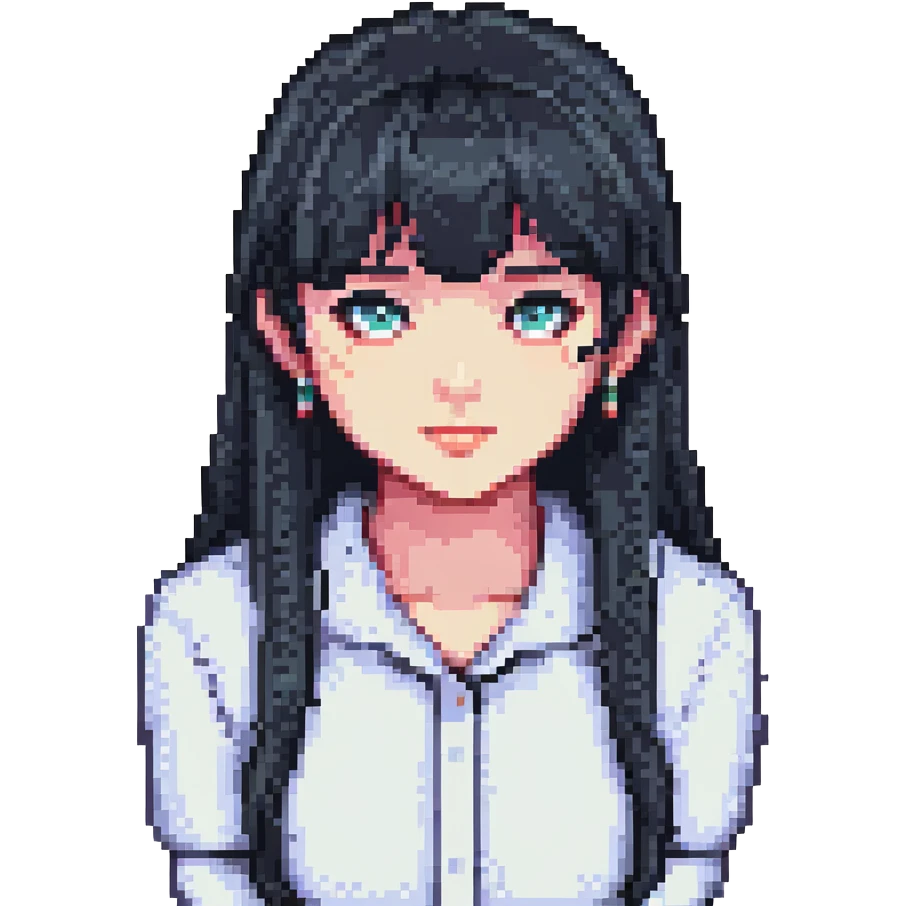 Change hair color to black, keep the same pixel art style and straight bangs, with no background. emoji