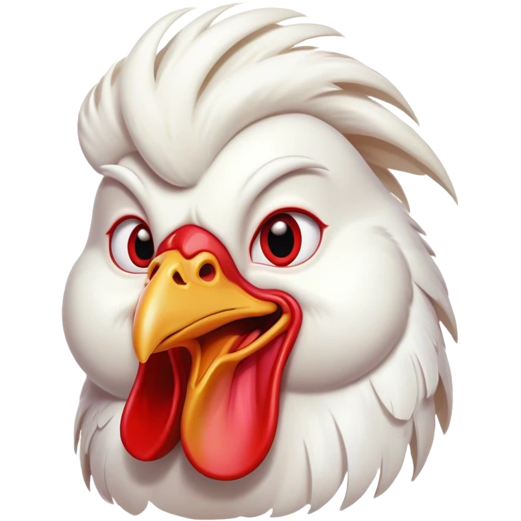 Cinematic Comical White Rooster Portrait Emoji, Head tilted dramatically with an exaggeratedly shocked or amused expression, featuring a striking pure white plumage with a bold red comb, wide, expressive eyes filled with playful disbelief, Simplified yet hilariously expressive features, highly detailed, glowing with a slightly sassy glow, high shine, dramatic yet playful, stylized with an air of cheeky mischief, bright and endearing, soft glowing outline, capturing the essence of a spirited and over-the-top rooster, so meme-worthy it feels like it could crow its way into internet fame instantly! emoji