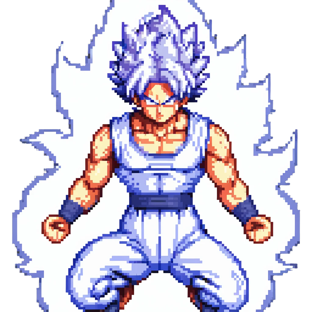 Goku in Ultra Instinct form, spiky silver hair, intense aura, dynamic pose, pixel art style emoji