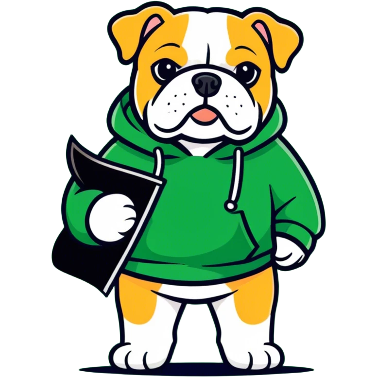 A bulldog wearing a green sweatshirt holding a little green flag emoji