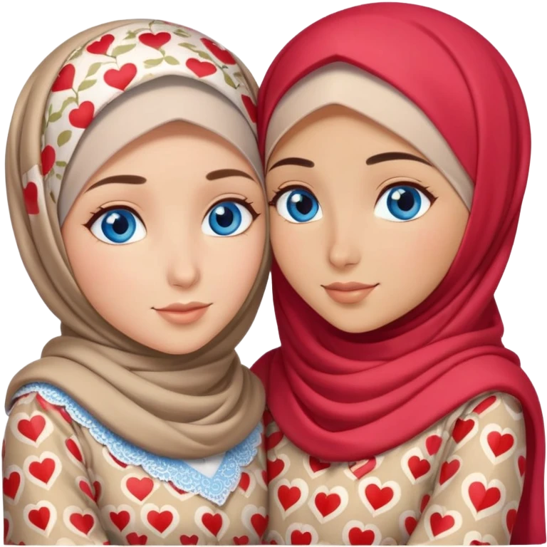 Two Turkish beautiful finish Konya girls blue eyes with hijab and heart dress and hugs  emoji
