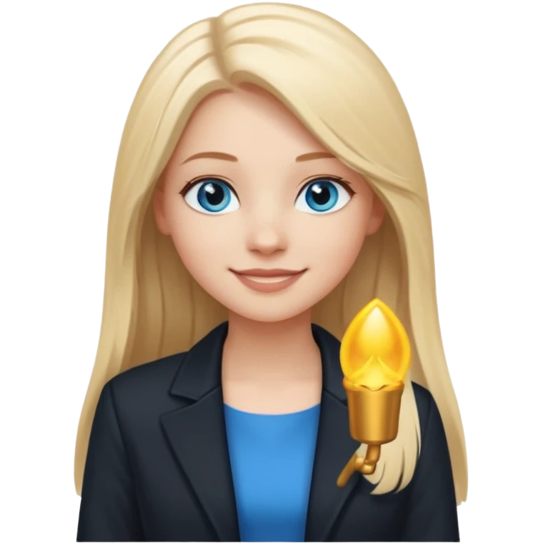 A white girl with long straight blonde hair, blue eyes and a white dress with a black jacket smiling emoji