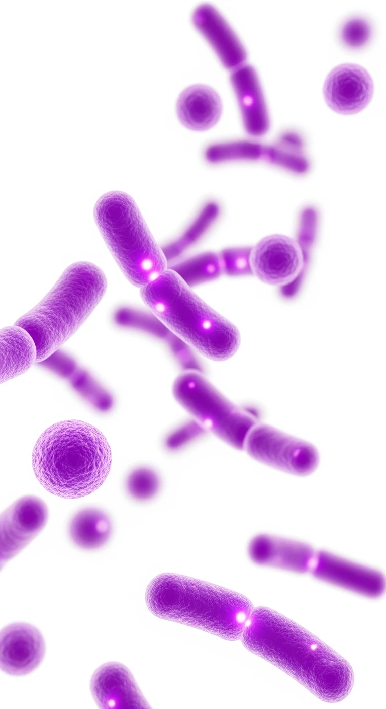 BATTERI INTESTINALI VIOLA FLUTTUANO IN ARIA, SFONDO BIANCO emoji