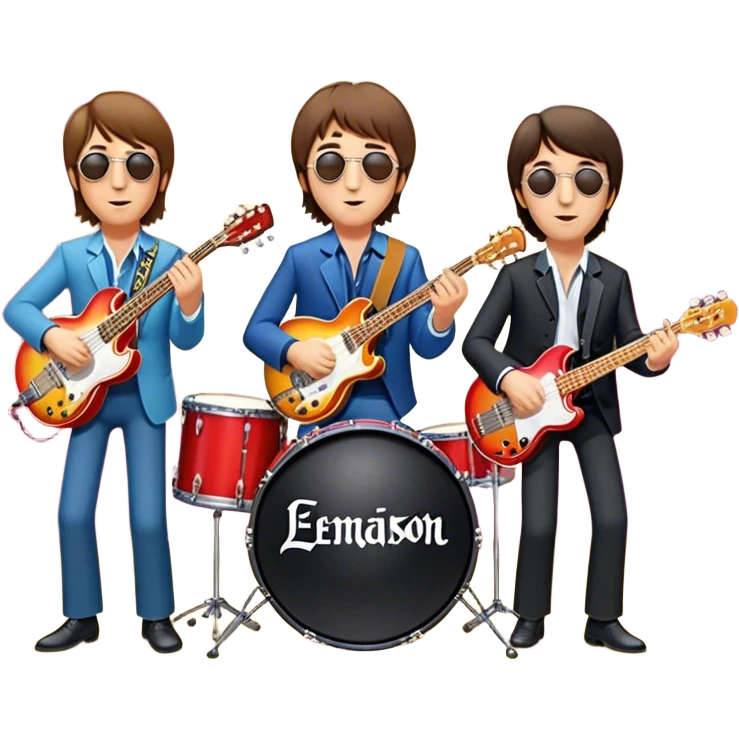 Rock music icon: The Beatles performing live on stage. John Lennon with guitar, Paul McCartney with bass, George Harrison with guitar, Ringo Starr on drums. Bright lights, energetic performance. Transparent background. emoji
