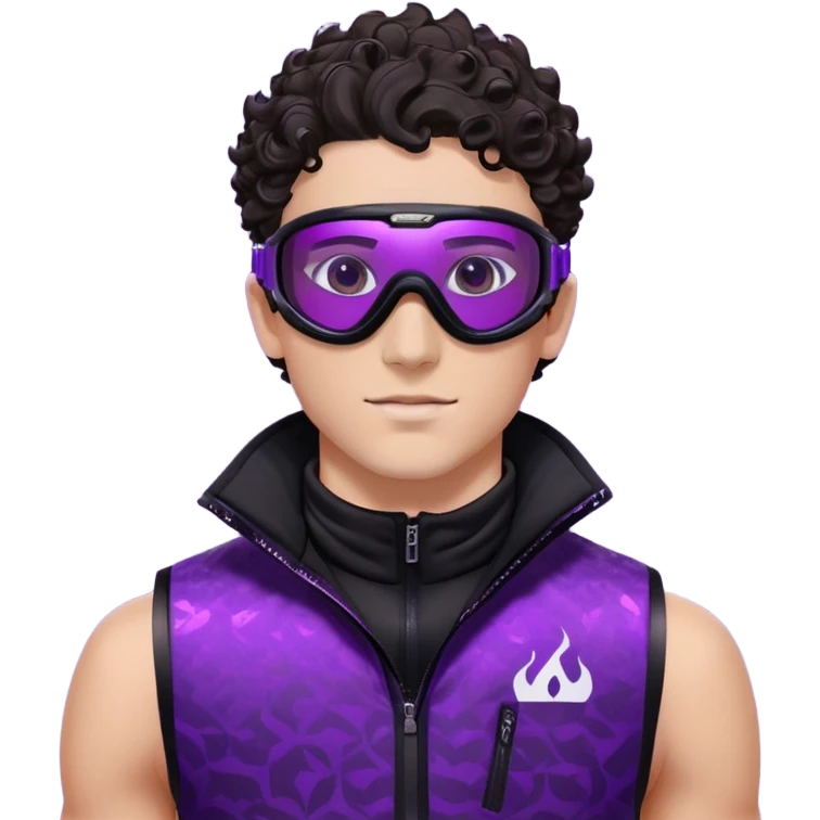 close-up of male athlete with white skin and moderately curly dark brown hair on top with shaved sides, wearing ski goggles with purple frames and very dark black lenses, a simple plain black chain necklace, and a completely unzipped sleeveless vest with purple and black sequin fire pattern design with no logo, frame centered on face and upper chest emoji