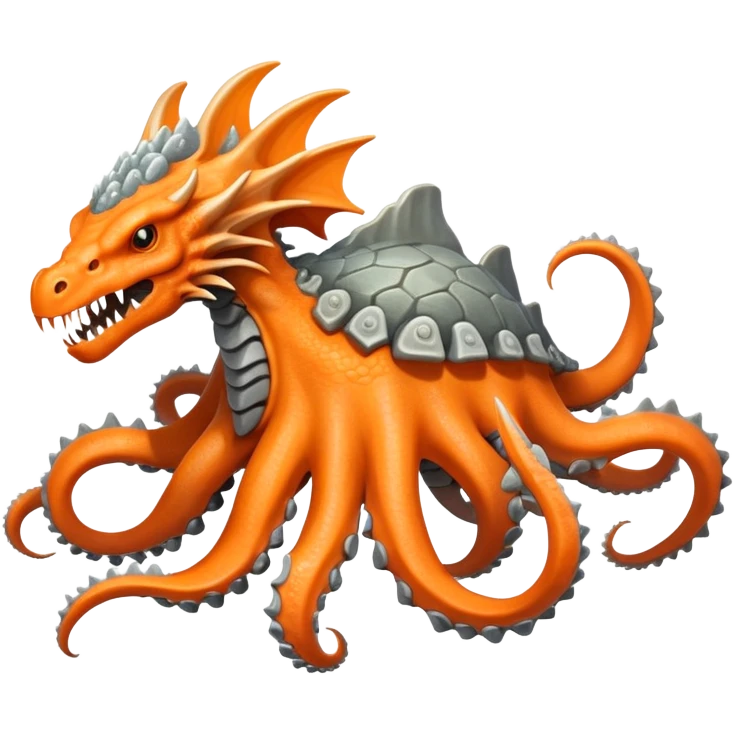 Create a hybrid rocky creature with the agile tentacles and dragon-like features of the orange and gray, but with rocky, crystalline growths forming armored segments along its body and a powerful stone jaw like Boulderbite, resulting in a territorial sea guardian that ambushes prey by disguising itself as a coral reef formation before striking with surprising speed. full body, only the creature emoji