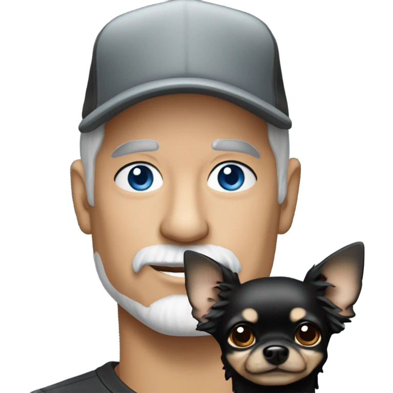 Handsome older man with blue eyes and gray goatee wearing baseball cap holding all black long haired chihuahua emoji