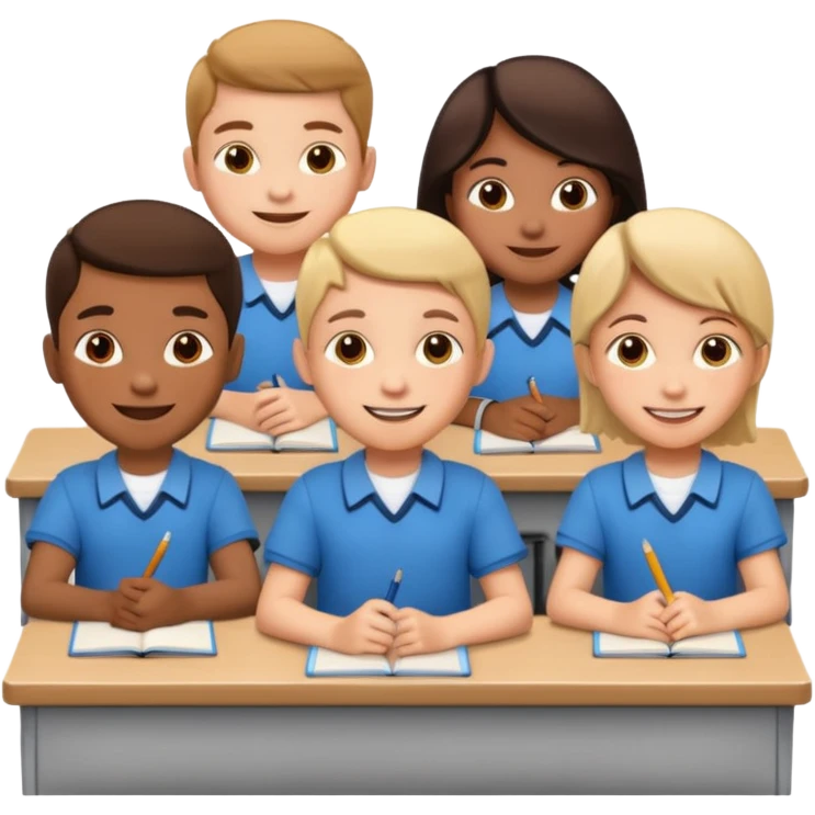 five school children not wearing uniform sitting in a row behind their school desks emoji