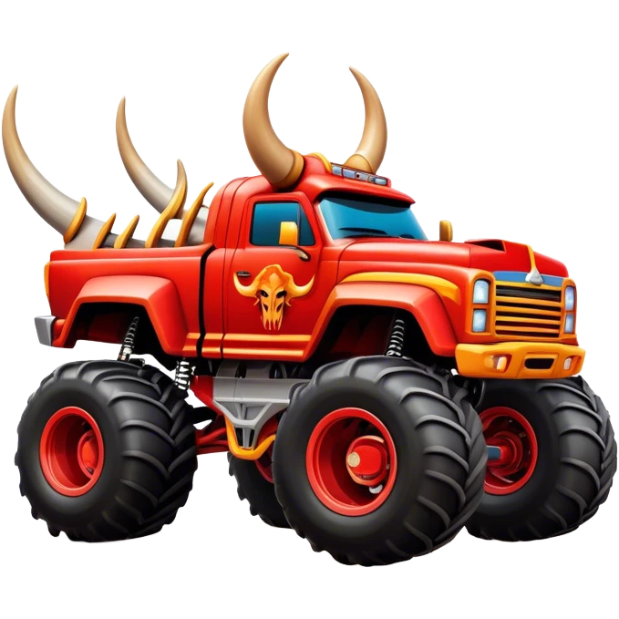 El Toro Loco - Monster Jam (Model Year: 2022) (Iconic colour: Red with horns) - An eye-catching monster truck with a wild, rebellious design in bold red. Include stylized, large horn graphics and aggressive facial elements that evoke a bull-like, ferocious appearance, exuding daring and unstoppable force. emoji