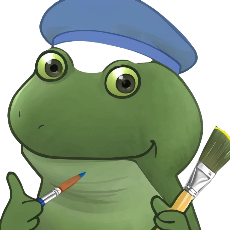kermit type of frog with a hat happy with a paintbrush in his hands diagonally  emoji