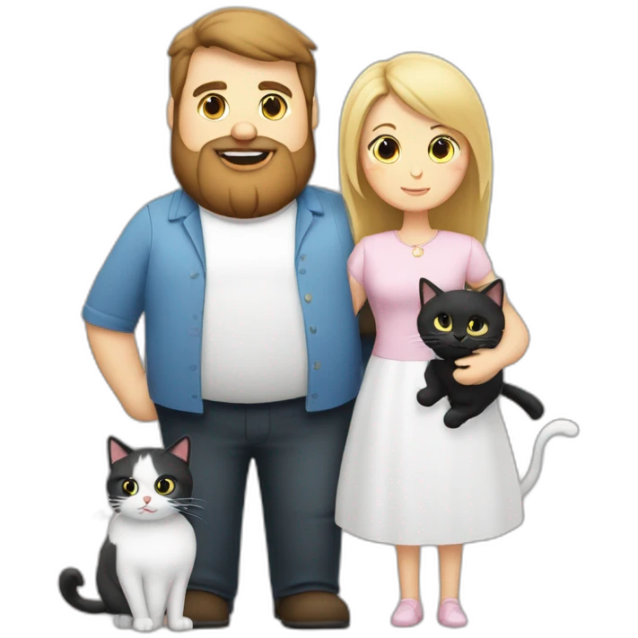 Family photo a fat husband with a beard is holding a white cat and wife with straight hair is holding another black cat emoji