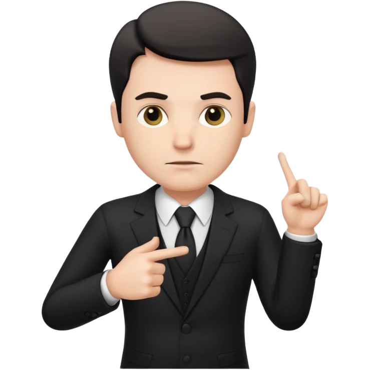 A white man in a black suit stands with a serious face and points at his hand holding papers. emoji