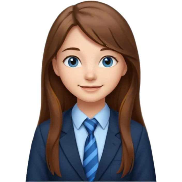 high school class room with a pretty female high school student with long brown hair, blue eyes, wearing a tie, sitting in front of the blackboard emoji