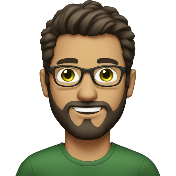 a guy with dark brown hair bun, glasses, green eyes, and light beard  emoji